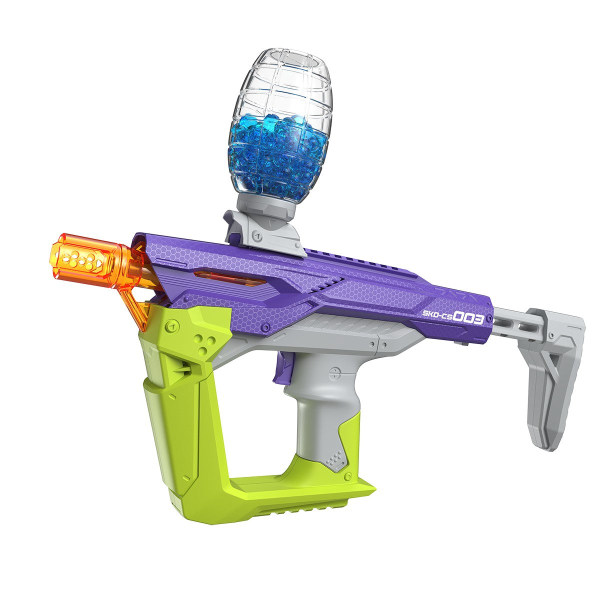 SKD CS003 Python Glowing Electric Gel Blaster in purple with green grip and transparent gel bead hopper, ideal for outdoor toy battles.
